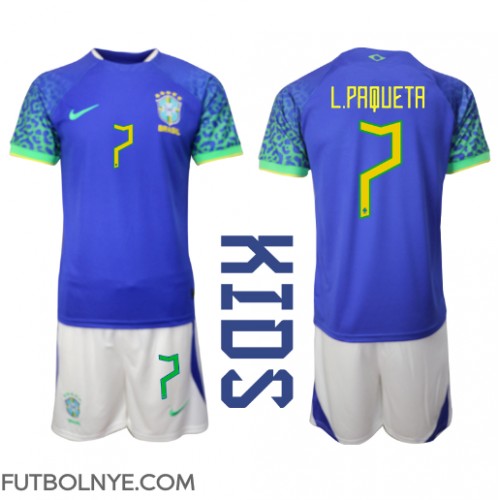 Camiseta Brasil Lucas Paqueta #7 Visitante Equipación para niños Mundial 2022 manga corta (+ pantalones cortos)